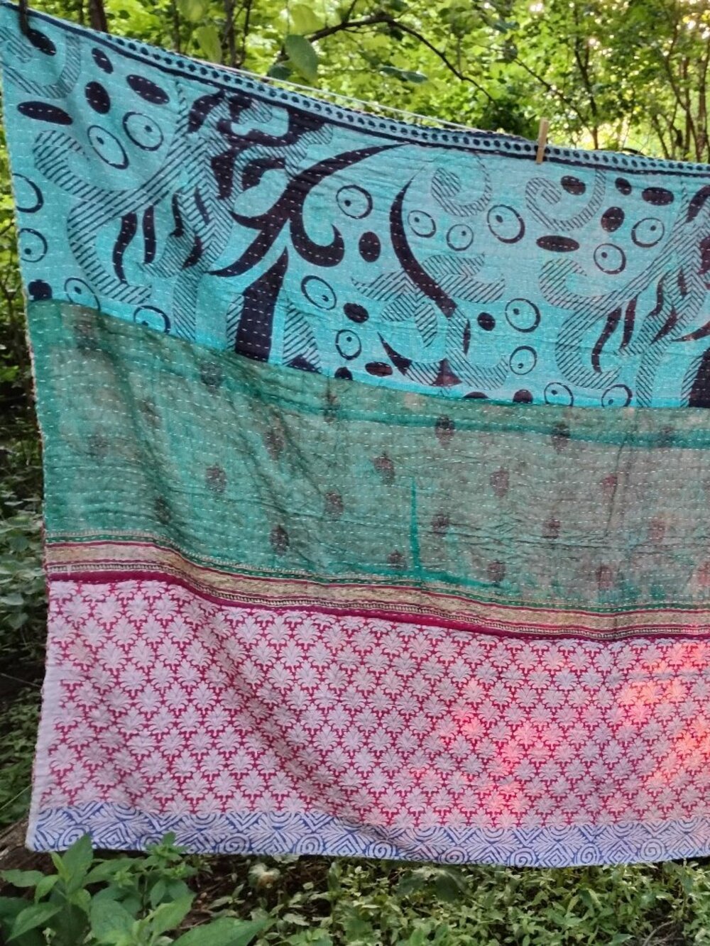 Kantha Quilt Green Black Red Premium 3 Layer Cotton New K189.